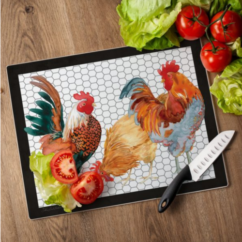 CounterArt Glass Cutting Board Whimsical Roosters