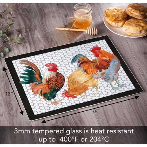 CounterArt Glass Cutting Board Whimsical Roosters
