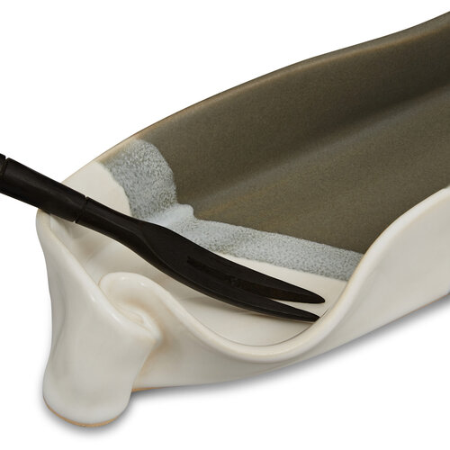 Hilborn Pottery Olive Dish with Rosewood Fork Grey and White