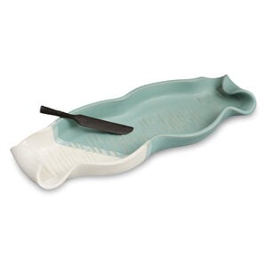 Hilborn Pottery Baguette Tray with Rosewood Knife Robins Egg