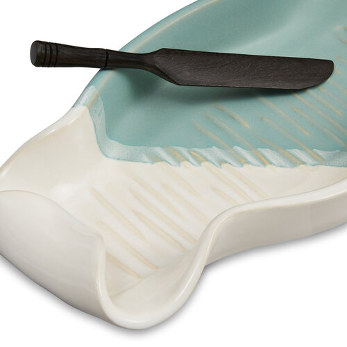 Hilborn Pottery Baguette Tray with Rosewood Knife Robins Egg
