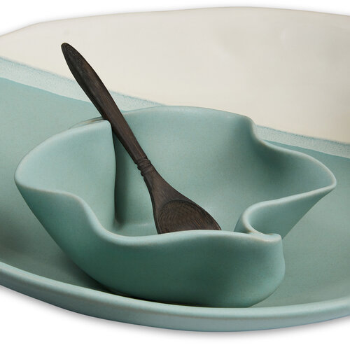 Hilborn Pottery Dip Set Small with Mini Rosewood Spoon Robins Egg