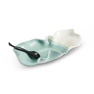 Hilborn Pottery Wavy Oblong Bowl with Rosewood Spoon Robins Egg