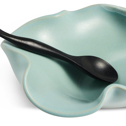 Hilborn Pottery Wavy Oblong Bowl with Rosewood Spoon Robins Egg
