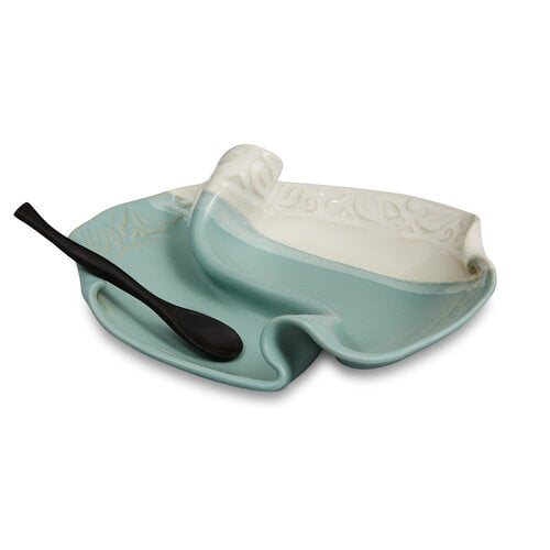 Hilborn Pottery 2-Sided Condiment Dish with Rosewood Spoon Robins Egg Hilborn Pottery 2-Sided Condiment Dish with Rosewood Spoon Robins Egg