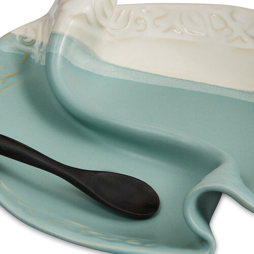 Hilborn Pottery 2-Sided Condiment Dish with Rosewood Spoon Robins Egg