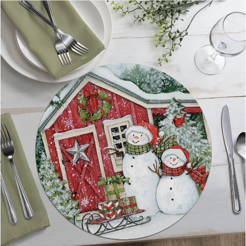 CounterArt Placemat Reversible Round Snowman's Farmhouse CounterArt Placemat Reversible Round Snowman's Farmhouse