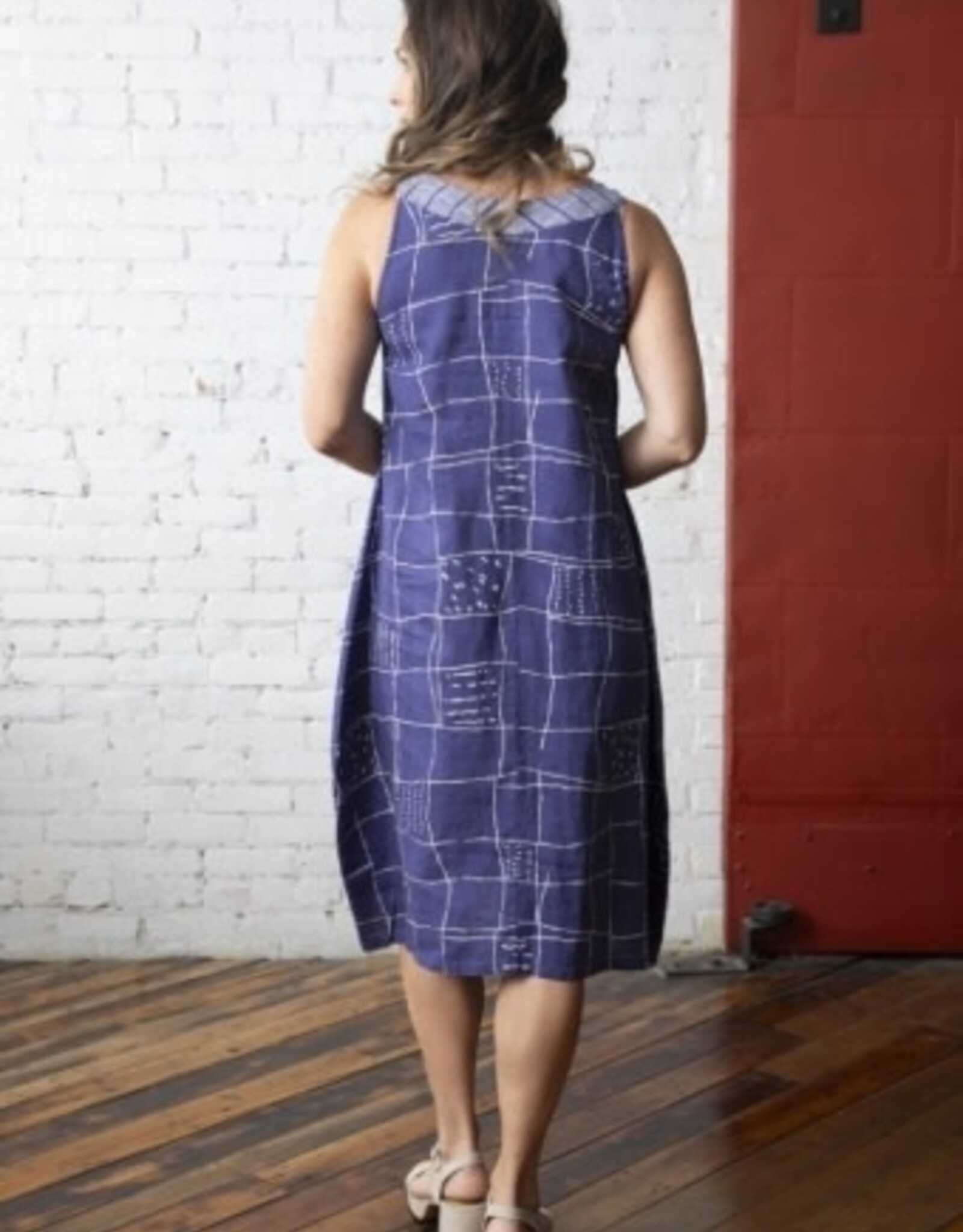 Habitat Clothes to Live In LINEN PRINT GRID MUSEUM DRESS S25O