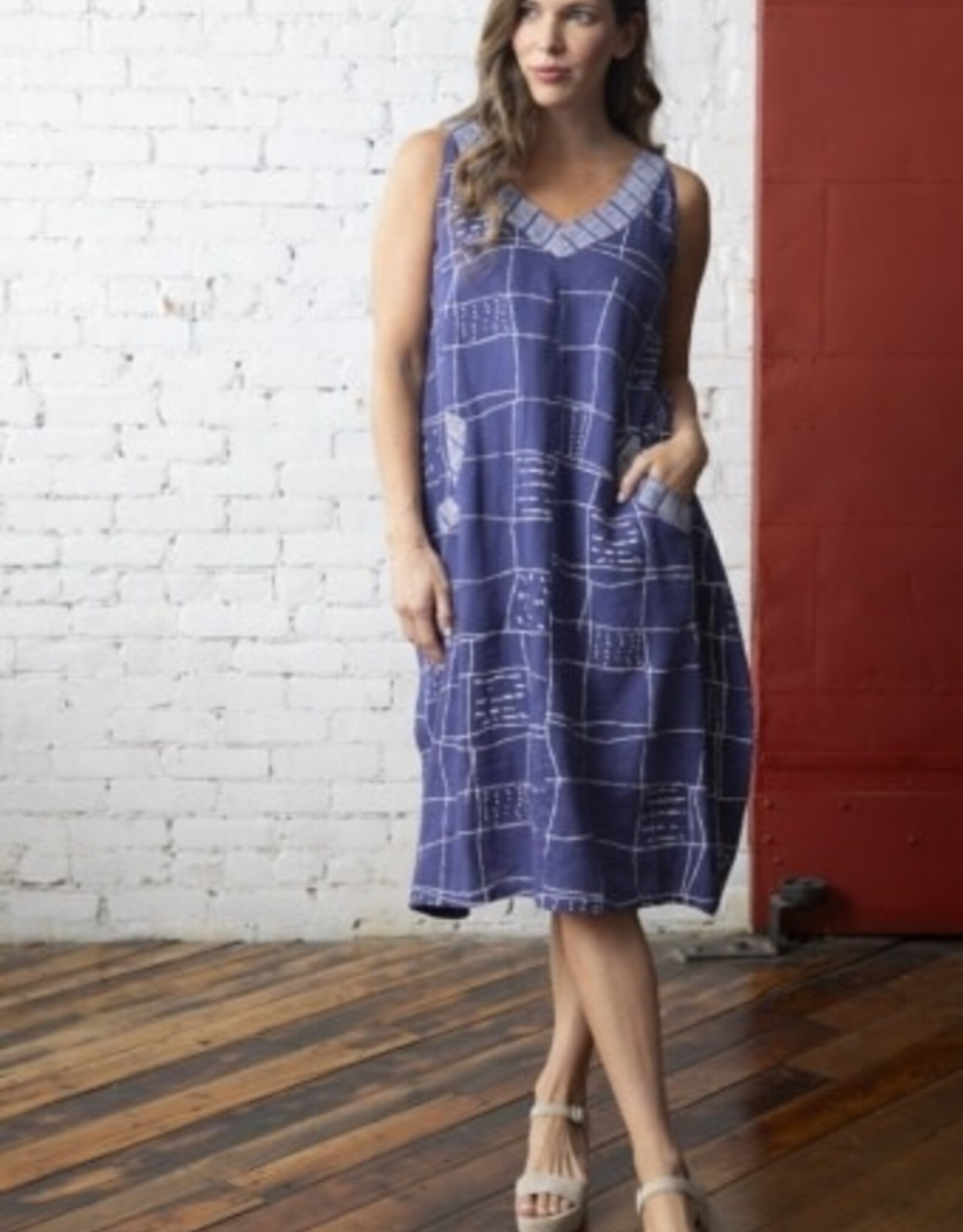Habitat Clothes to Live In LINEN PRINT GRID MUSEUM DRESS S25O