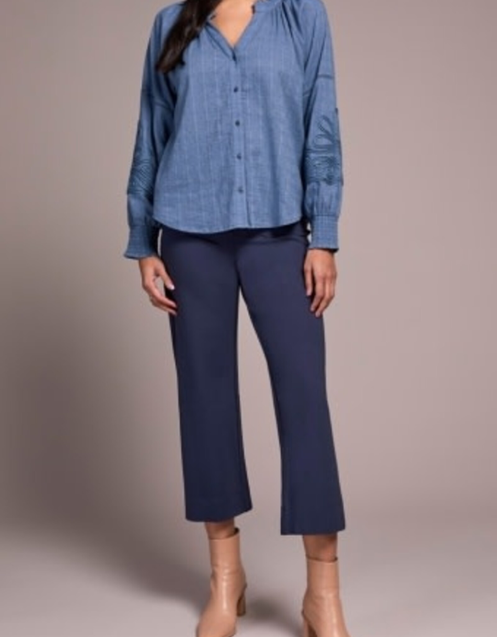 Tribal L/S BLOUSE W/ APPLIQUE ON SLV-SLATEBLUE