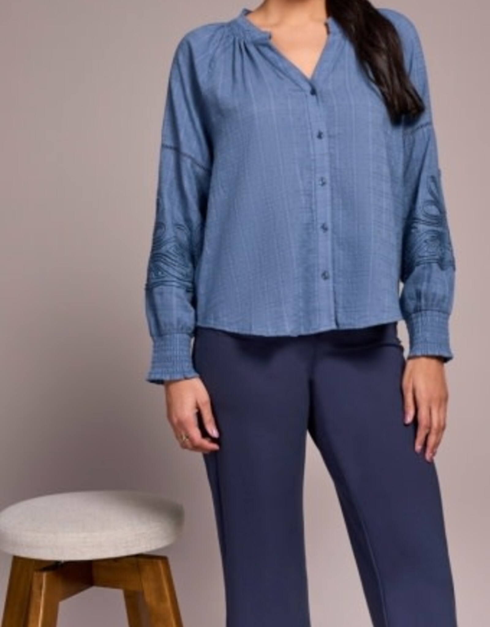 Tribal L/S BLOUSE W/ APPLIQUE ON SLV-SLATEBLUE