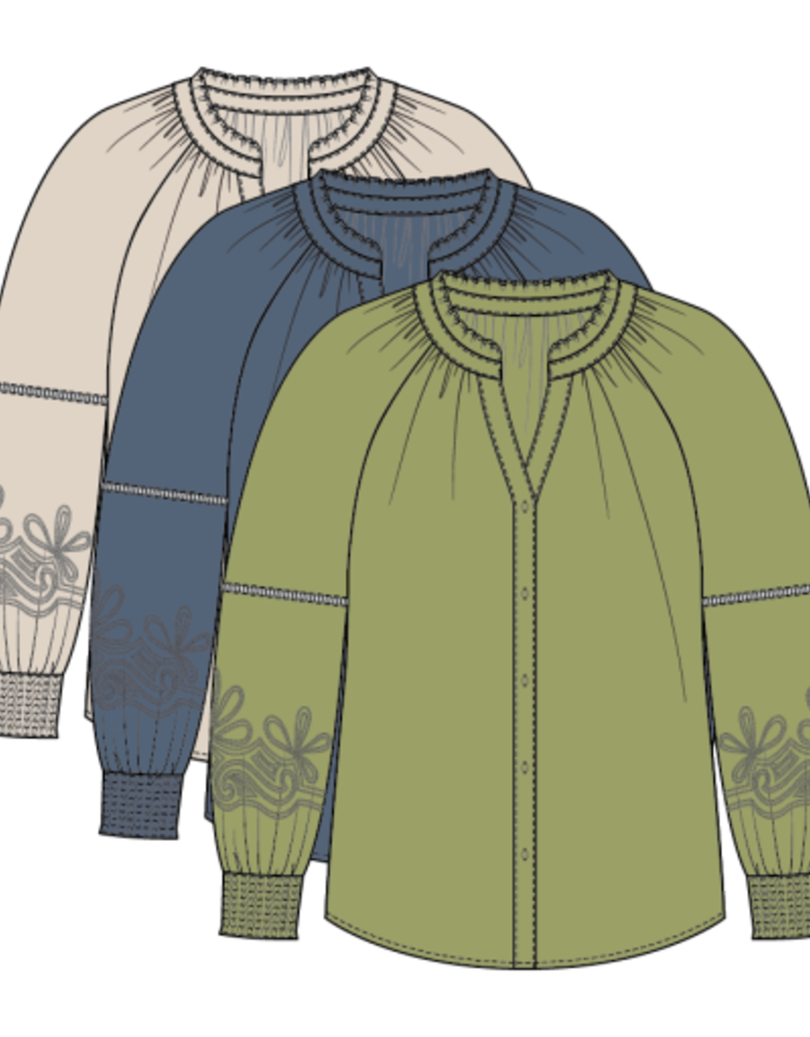 Tribal L/S BLOUSE W/ APPLIQUE ON SLV-SLATEBLUE
