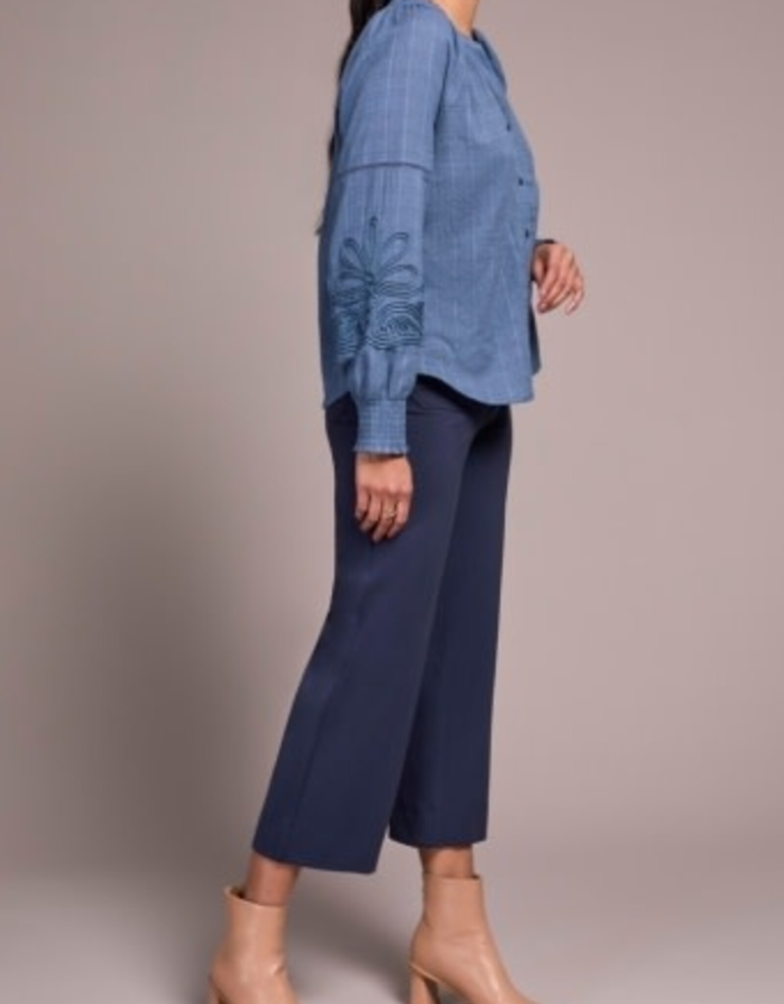 Tribal L/S BLOUSE W/ APPLIQUE ON SLV-SLATEBLUE