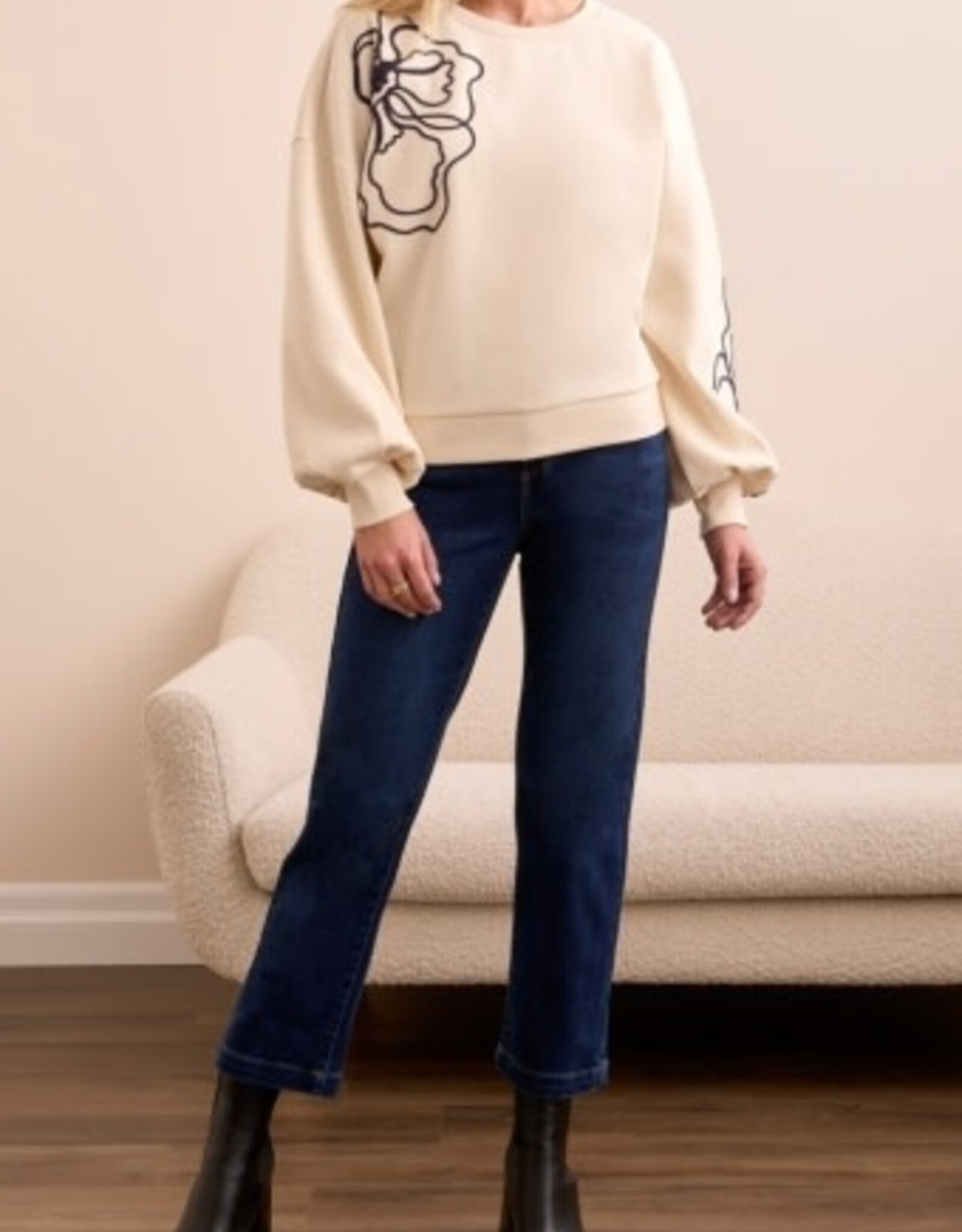 Tribal L/S CREW NECK TOP W/EMBROIDERY-MOONSTONE