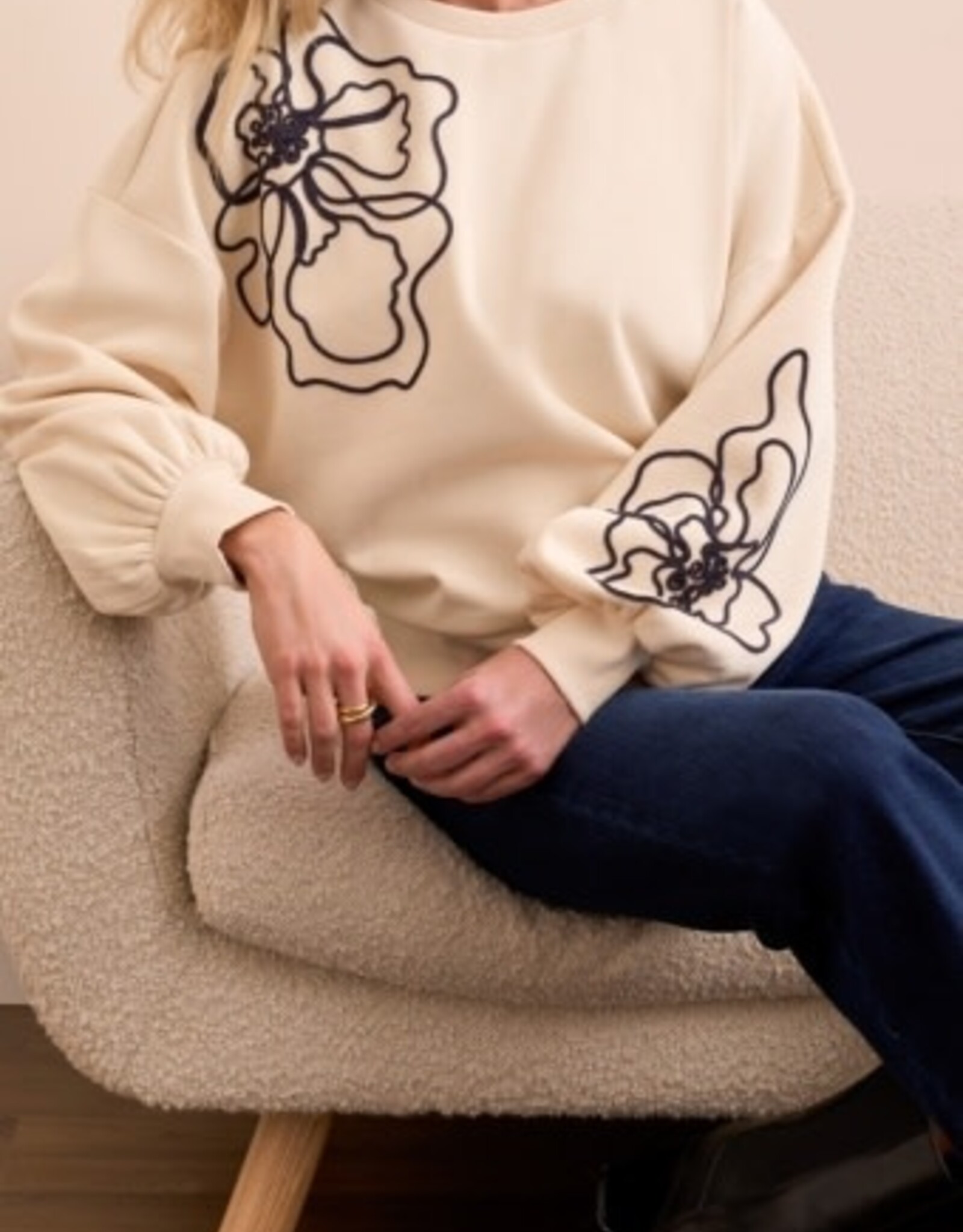 Tribal L/S CREW NECK TOP W/EMBROIDERY-MOONSTONE