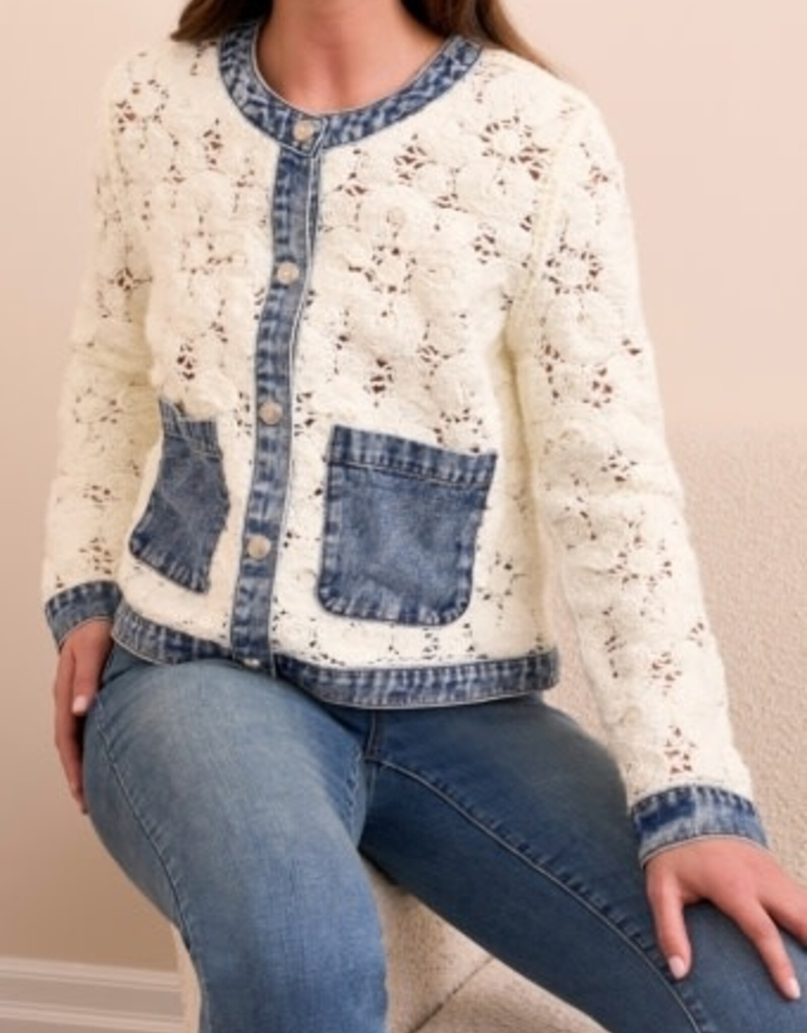 Tribal MIX MEDIA CROCHET JACKET WITH DENIM INSERTS-EGGSHELL