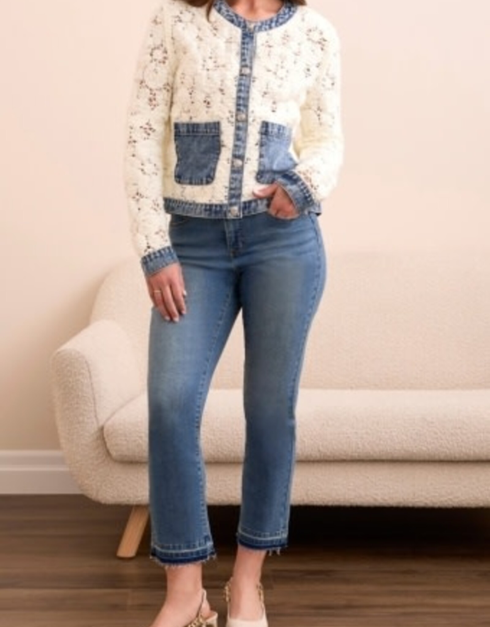Tribal MIX MEDIA CROCHET JACKET WITH DENIM INSERTS-EGGSHELL