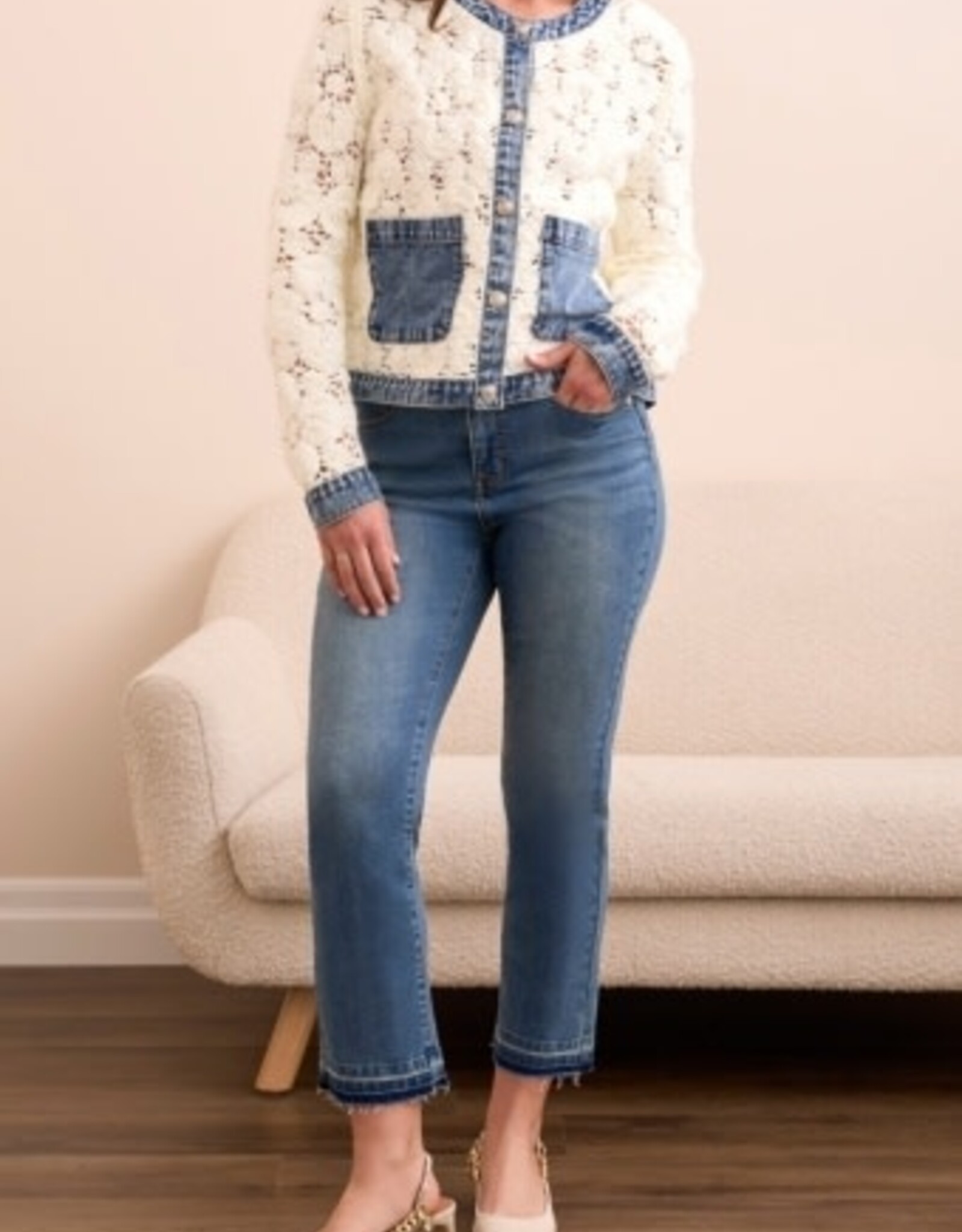 Tribal MIX MEDIA CROCHET JACKET WITH DENIM INSERTS-EGGSHELL