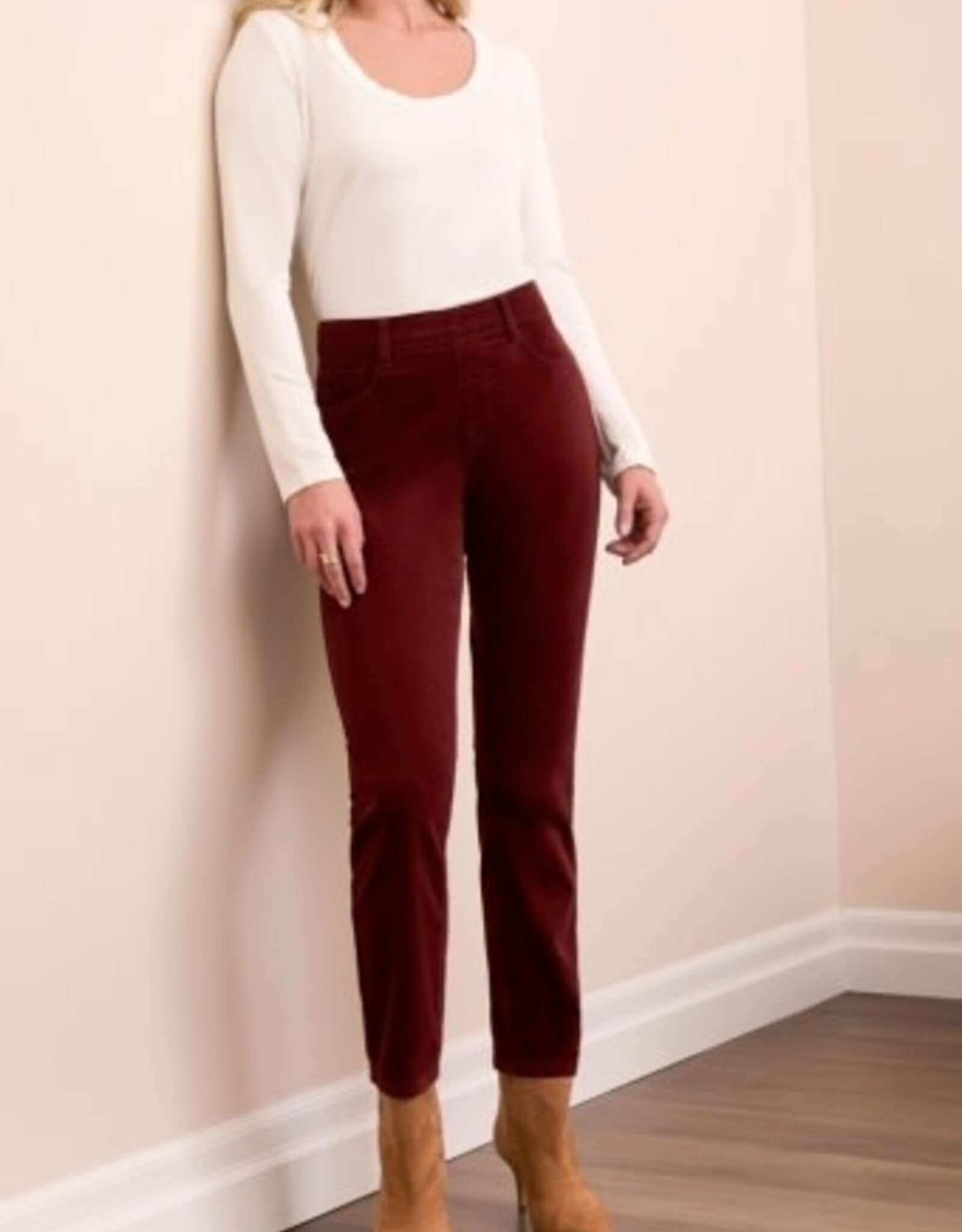 Tribal MICRO CORD AUDREY PULL-ON SLIM ANKLE PANTS-PASSION PLUM