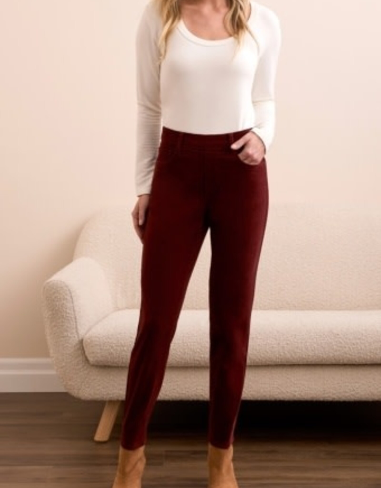 Tribal MICRO CORD AUDREY PULL-ON SLIM ANKLE PANTS-PASSION PLUM