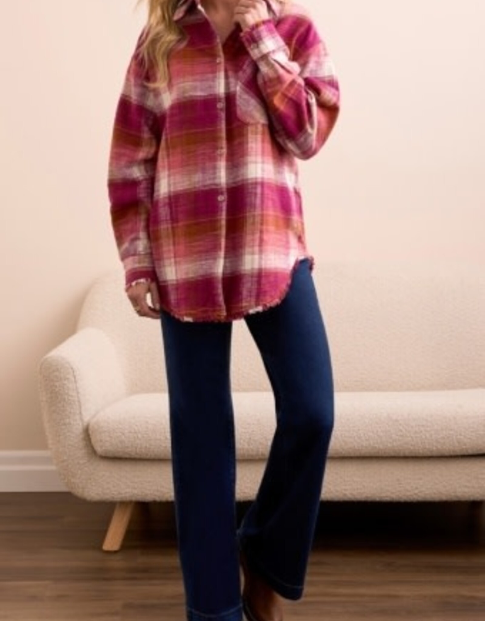 Tribal PLAID SHIRT W/ FRINGE HEM-PLUMWINE