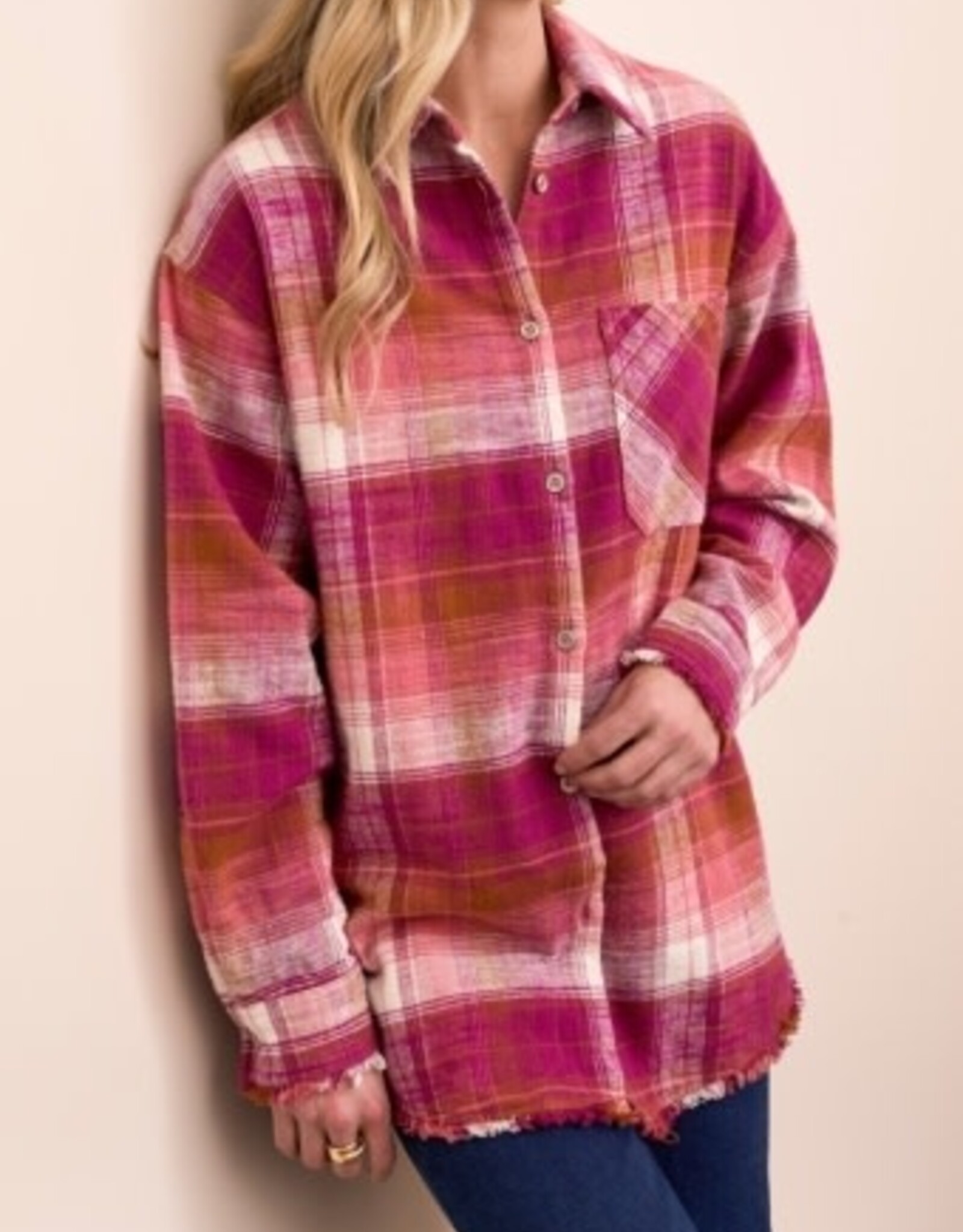 Tribal PLAID SHIRT W/ FRINGE HEM-PLUMWINE