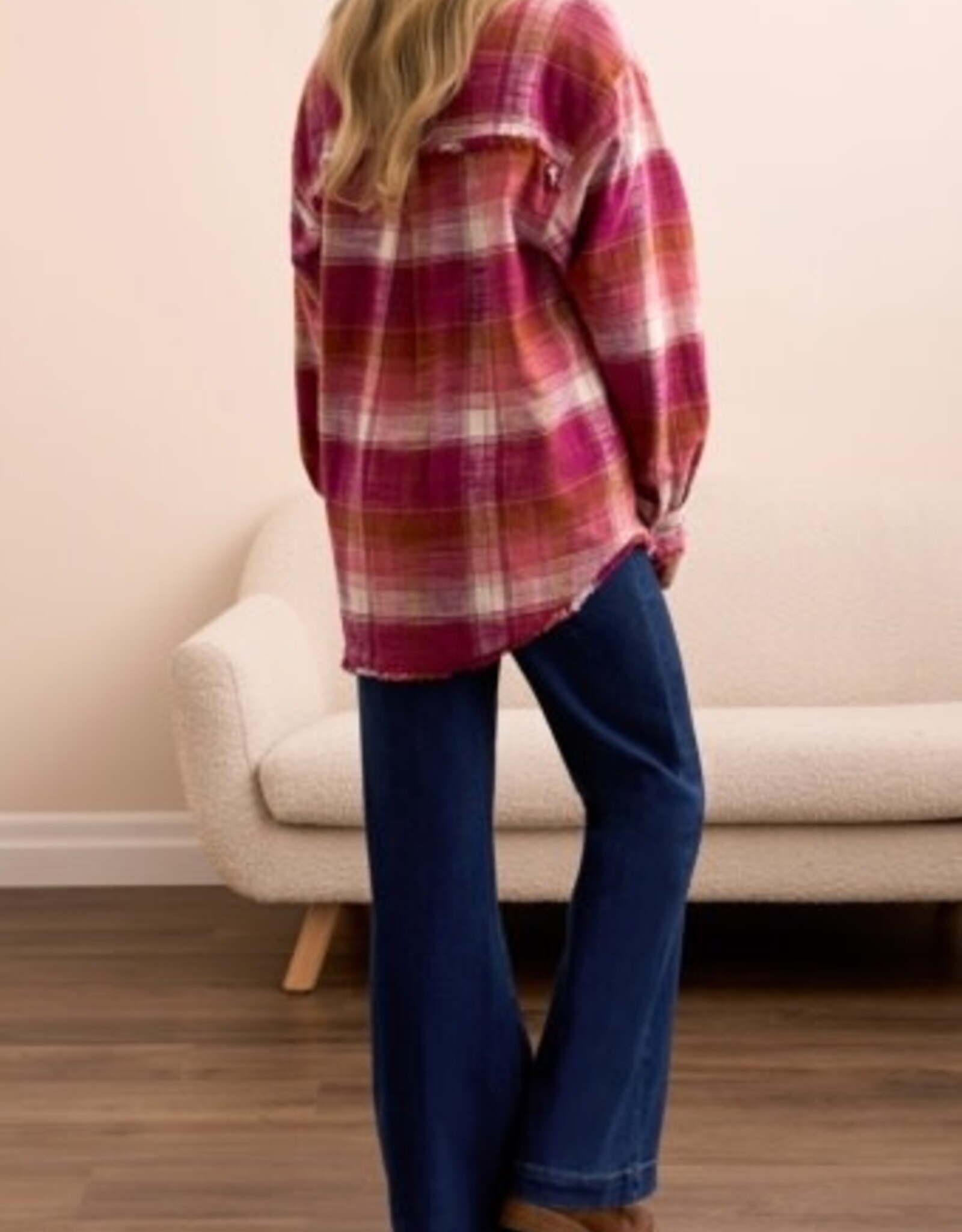 Tribal PLAID SHIRT W/ FRINGE HEM-PLUMWINE