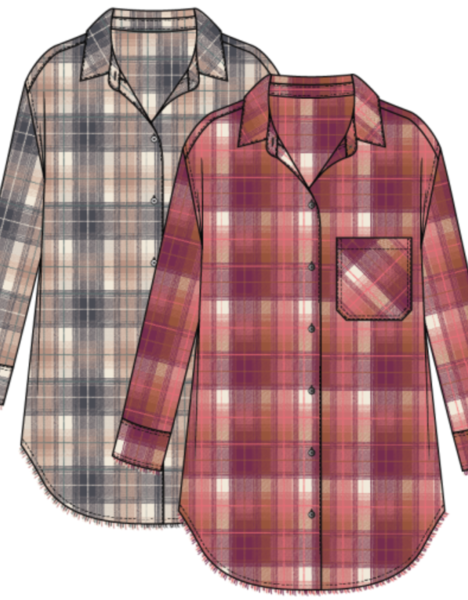 Tribal PLAID SHIRT W/ FRINGE HEM-PLUMWINE