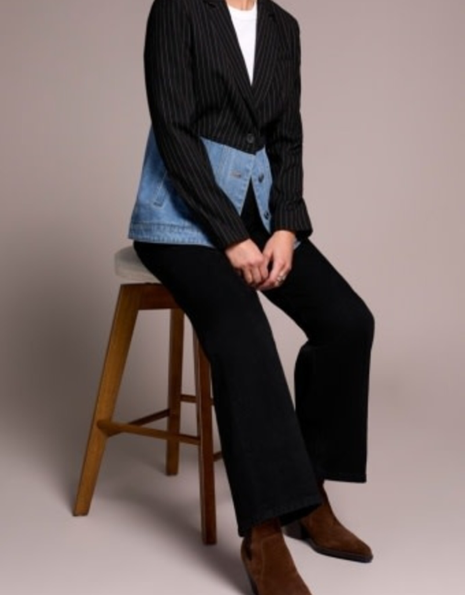 Tribal MIX MEDIA PIN STRIPE & DENIM BLAZER-BLACKOUT