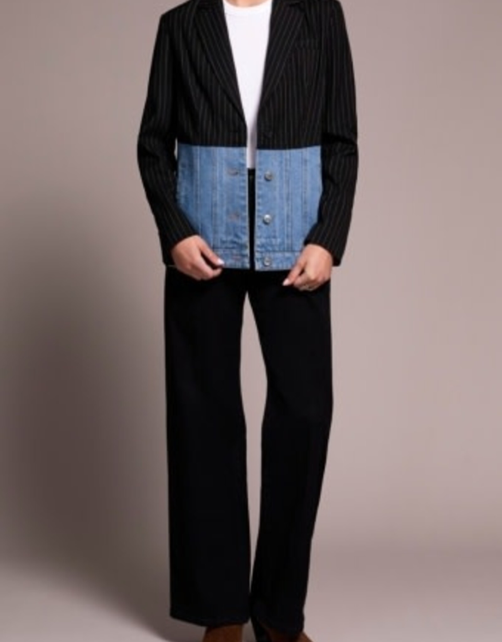 Tribal MIX MEDIA PIN STRIPE & DENIM BLAZER-BLACKOUT