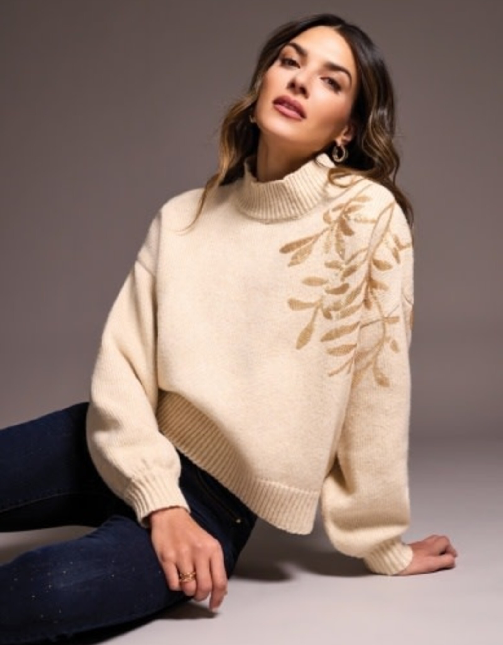 Tribal L/S MOCK NK SWEATER W/SEQUINS-H LATTE