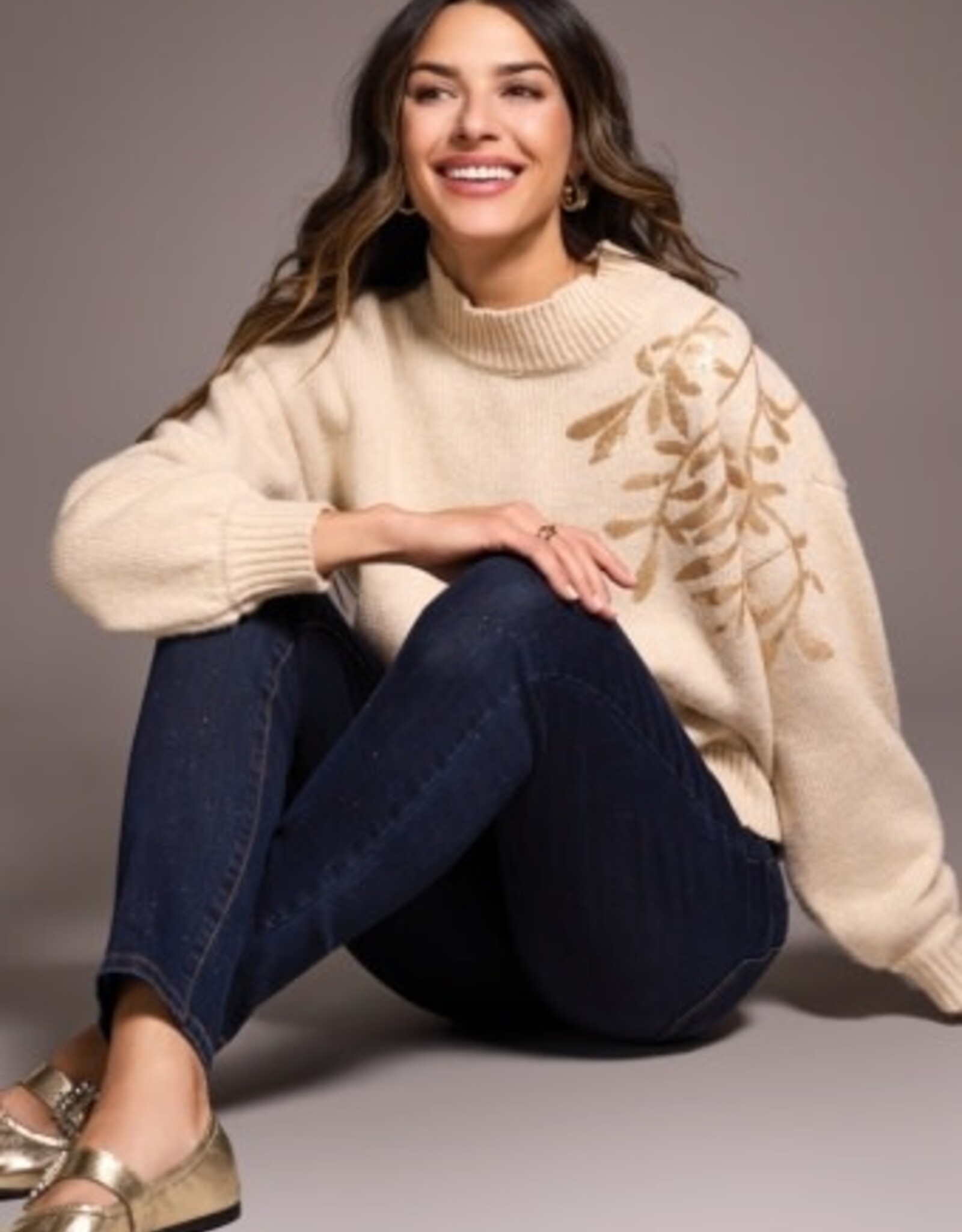 Tribal L/S MOCK NK SWEATER W/SEQUINS-H LATTE