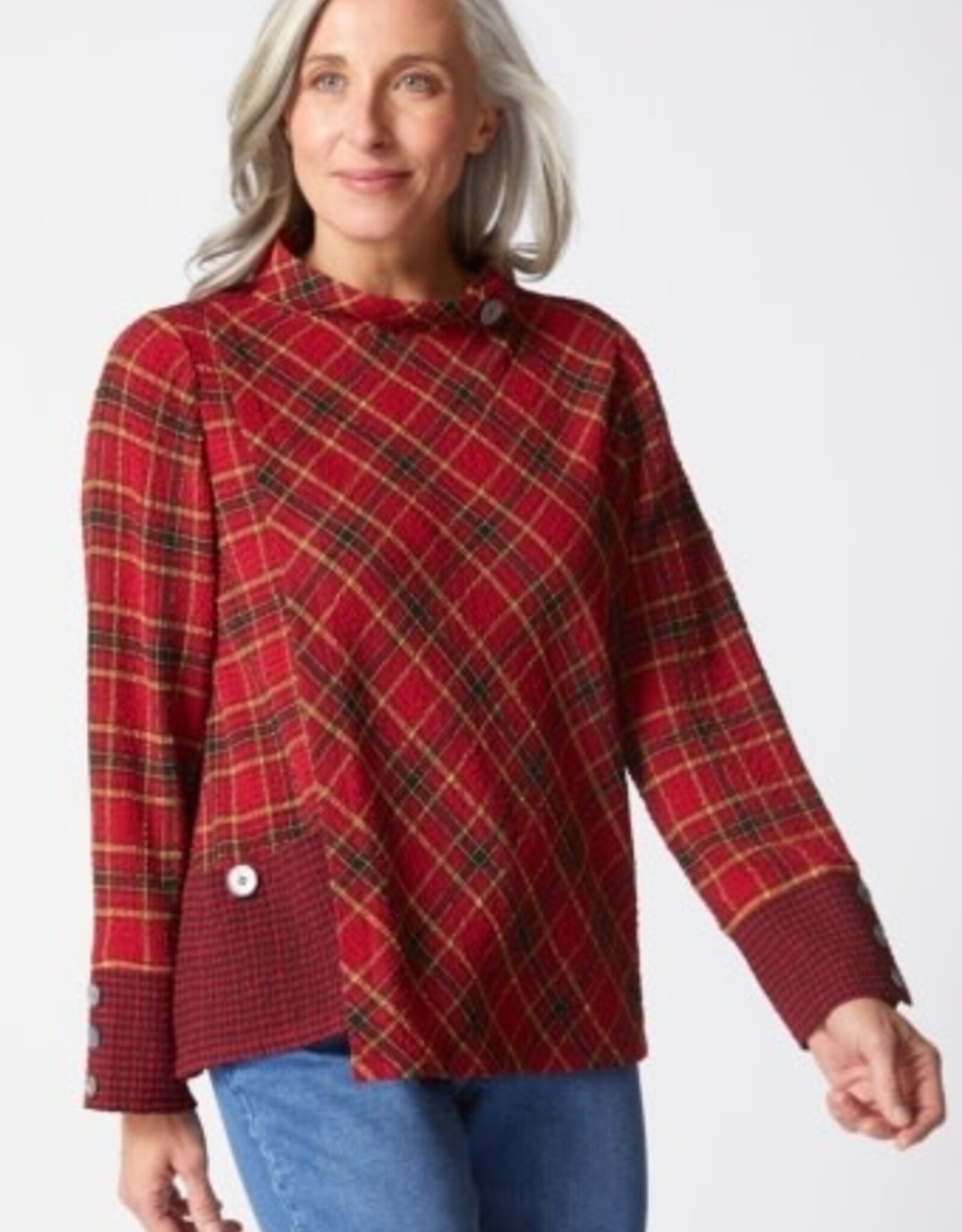 Habitat Clothes to Live In GIRL GONE PLAID ASSYM BUTTON CUFF TOP F25H