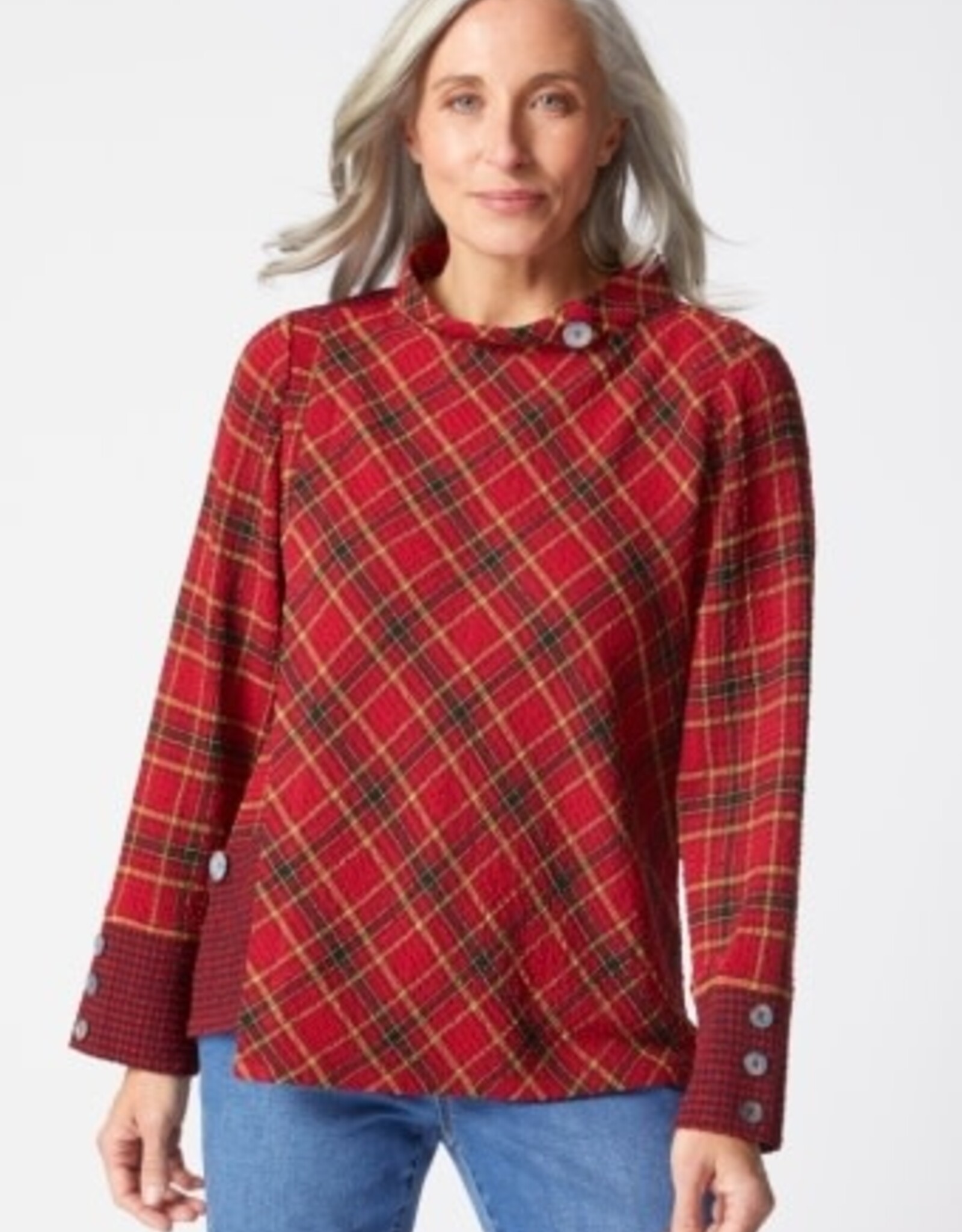 Habitat Clothes to Live In GIRL GONE PLAID ASSYM BUTTON CUFF TOP F25H