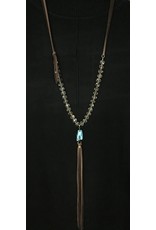 J.Forks Golden Crystal with Turquoise Drop and Chocolate Tassel Necklace