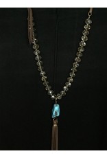 J.Forks Golden Crystal with Turquoise Drop and Chocolate Tassel Necklace
