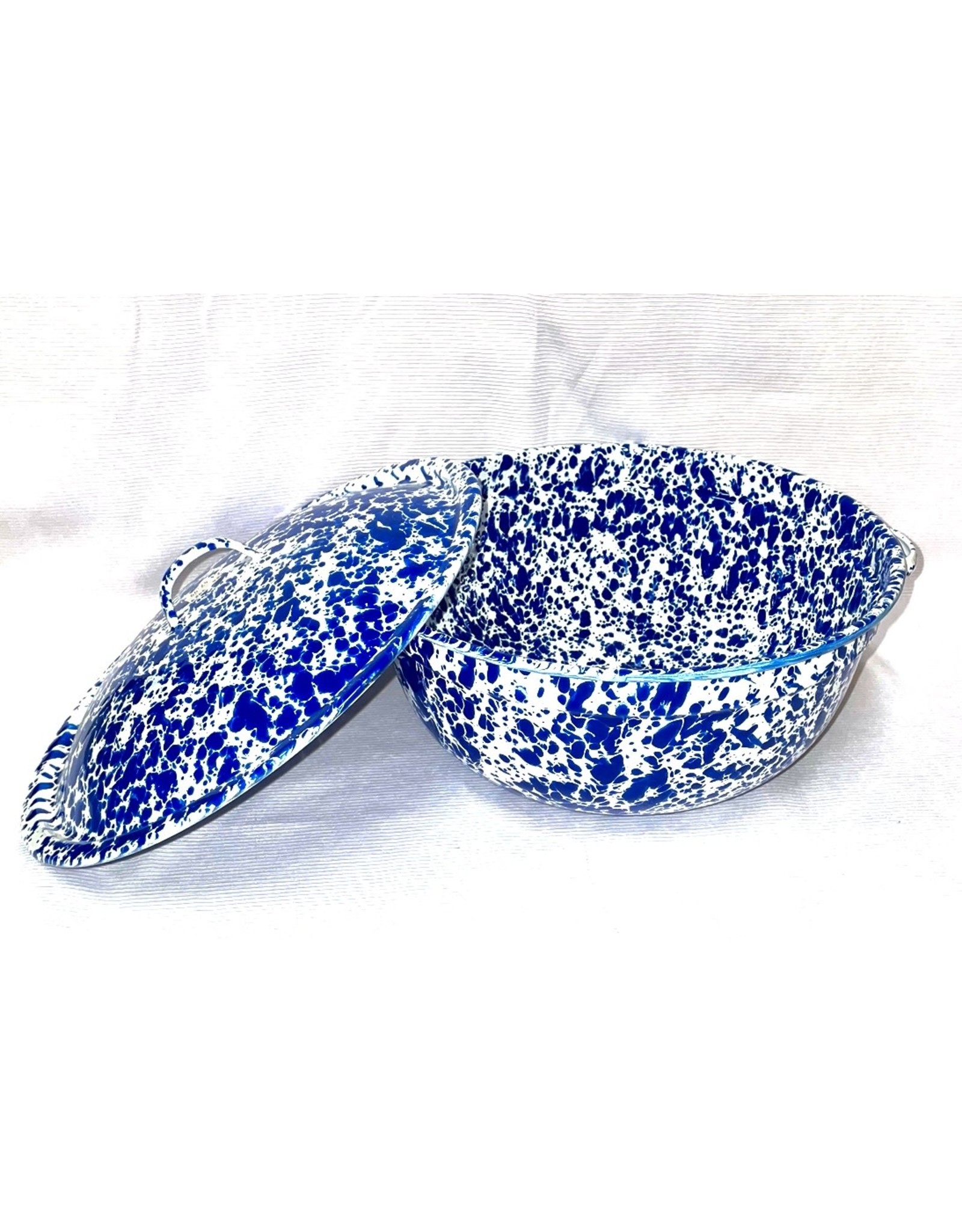Enamelware Round Covered Casserole Dish Splatterware Blue