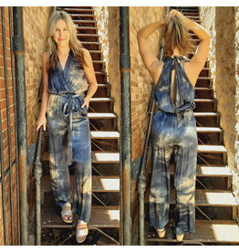 Blue and Tan Tie-Dye Silky Jumpsuit with Waist and Back Tie
