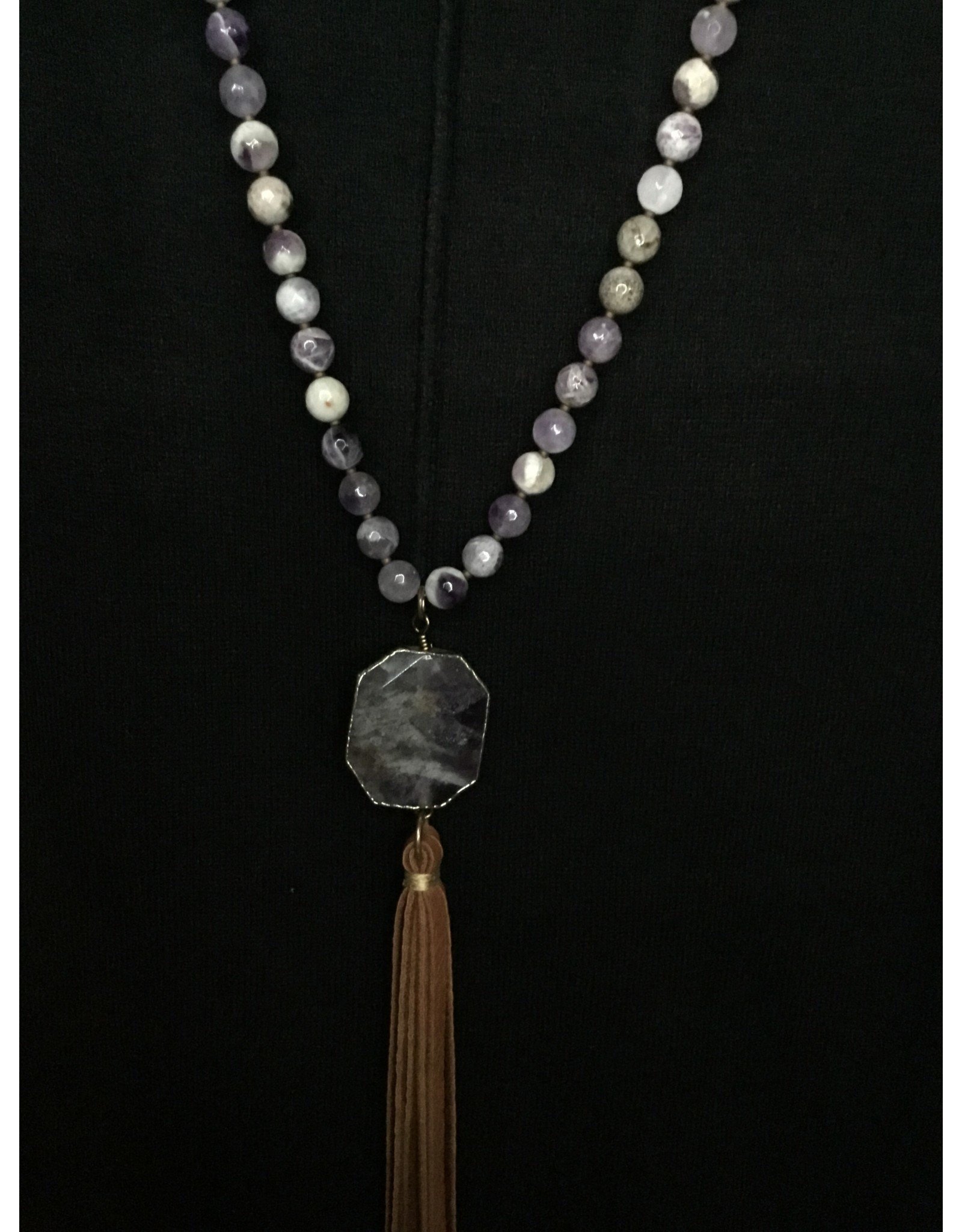 J.Forks Amethyst Bead Necklace with Leather and Amethyst Drop