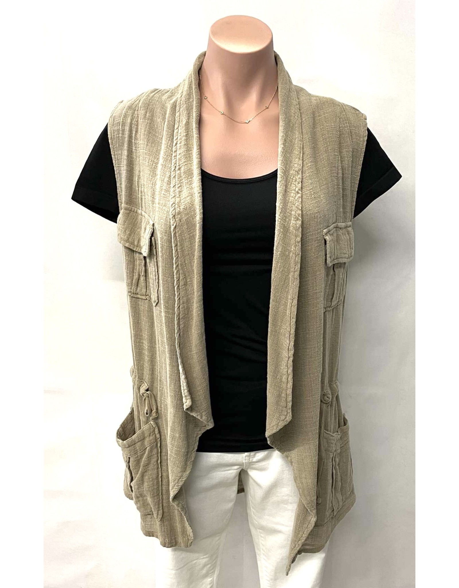 Khaki Linen Vest with Pockets