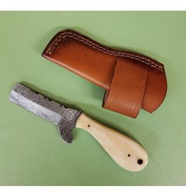 Bull Cutter Knife Damascus Steel Bone Grip Leather Sheath