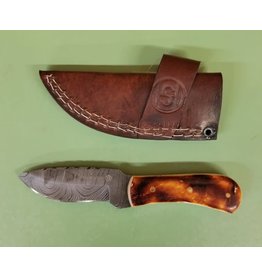 Burnt Bone Damascus Steel Knife with Leather Sheath