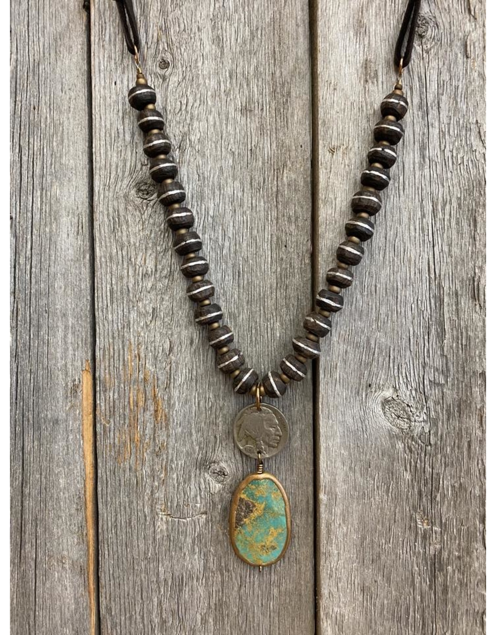 J. Forks Wood Necklace with Buffalo Nickel and Turquoise Slab Drop