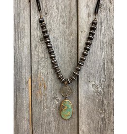 J. Forks Wood Necklace with Buffalo Nickel and Turquoise Slab Drop
