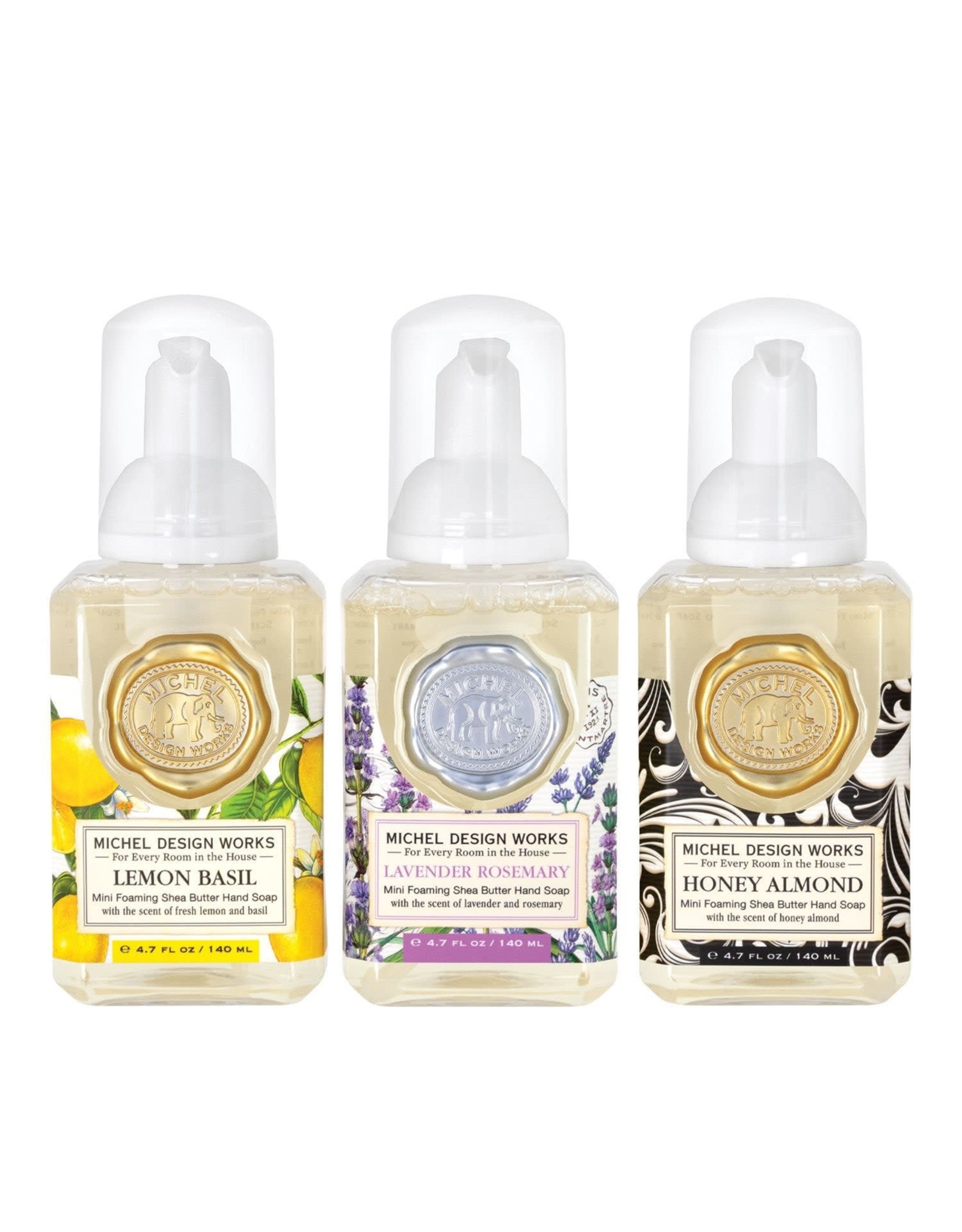 Michel Design Works Mini Foaming Soap Set: Lavender Rosemary, Lemon Basil, Honey Almond