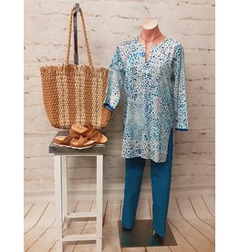 Blue Mums Tunic with Aqua Trim