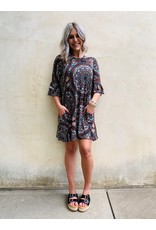 Dark Multi Colored Dress with Ruffled Sleeves