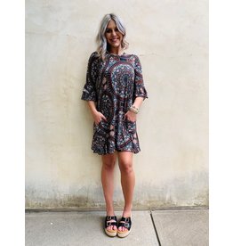 Dark Multi Colored Dress with Ruffled Sleeves