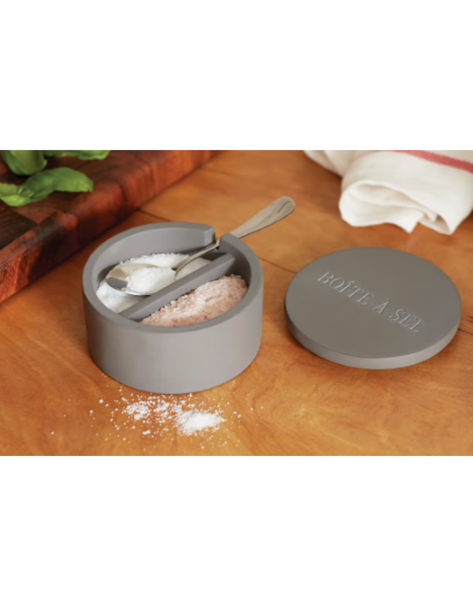 Cement Dual Chamber Salt Cellar Divided Compartments With Lid and Spoon