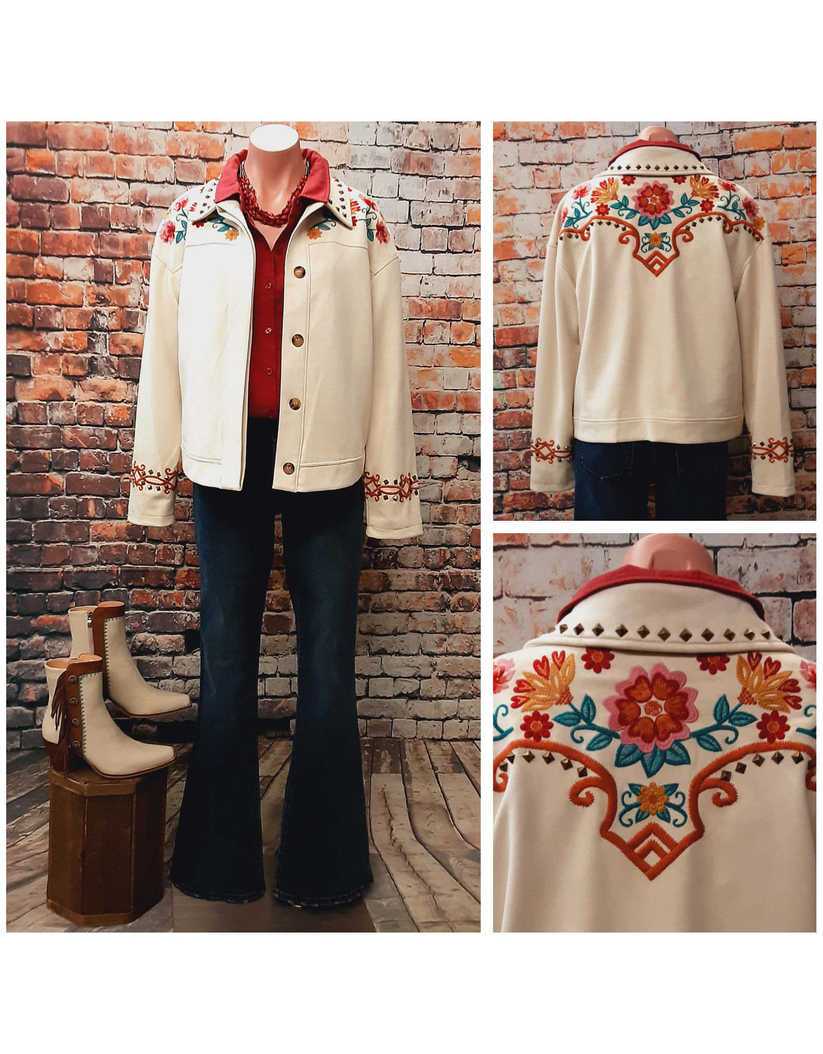 Saratoga Studded Embroidered Suede-Like Jacket